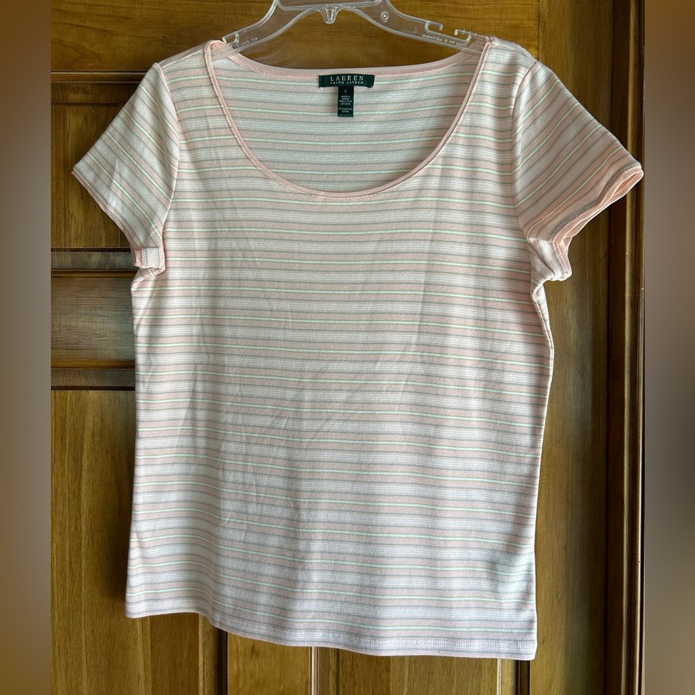 Lauren Ralph Lauren Pink White Striped Scoop Neck Short Sleeve Tee